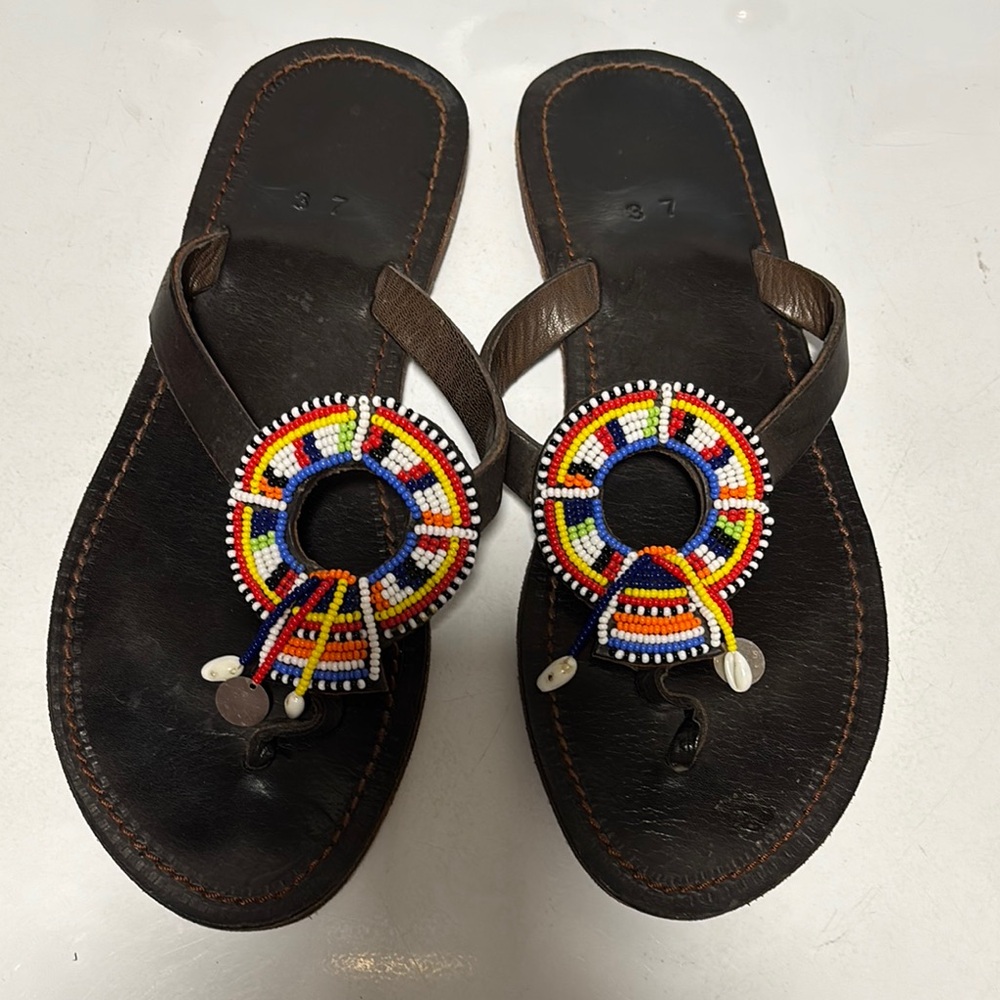 Beaded Leather Sandals - Multicolor Masai Kenya Handmade Leather Sandals size:37